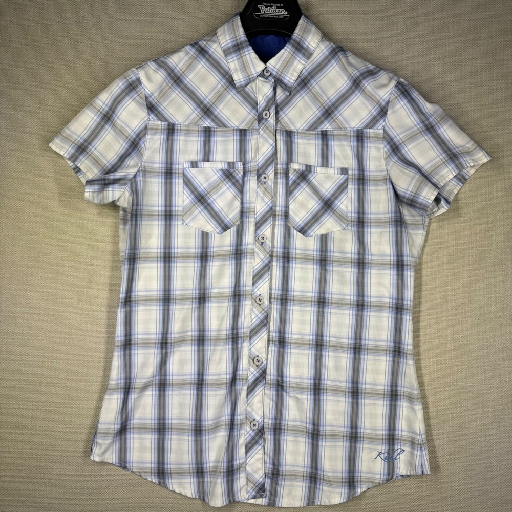 Kuhl Ionik Womens Small Blue White Plaid Short Sleeve Button Down Shirt